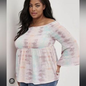 Torrid Boho Babydoll Knit Tie Dye Smocked Bust Flare Sleeve Blouse